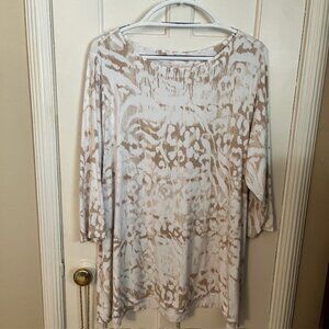 BELLE BY KIM GRAVEL SOFT TUNIC TOP, TAN & WHITE, 3/4 SLEEVES, 1X; EUC